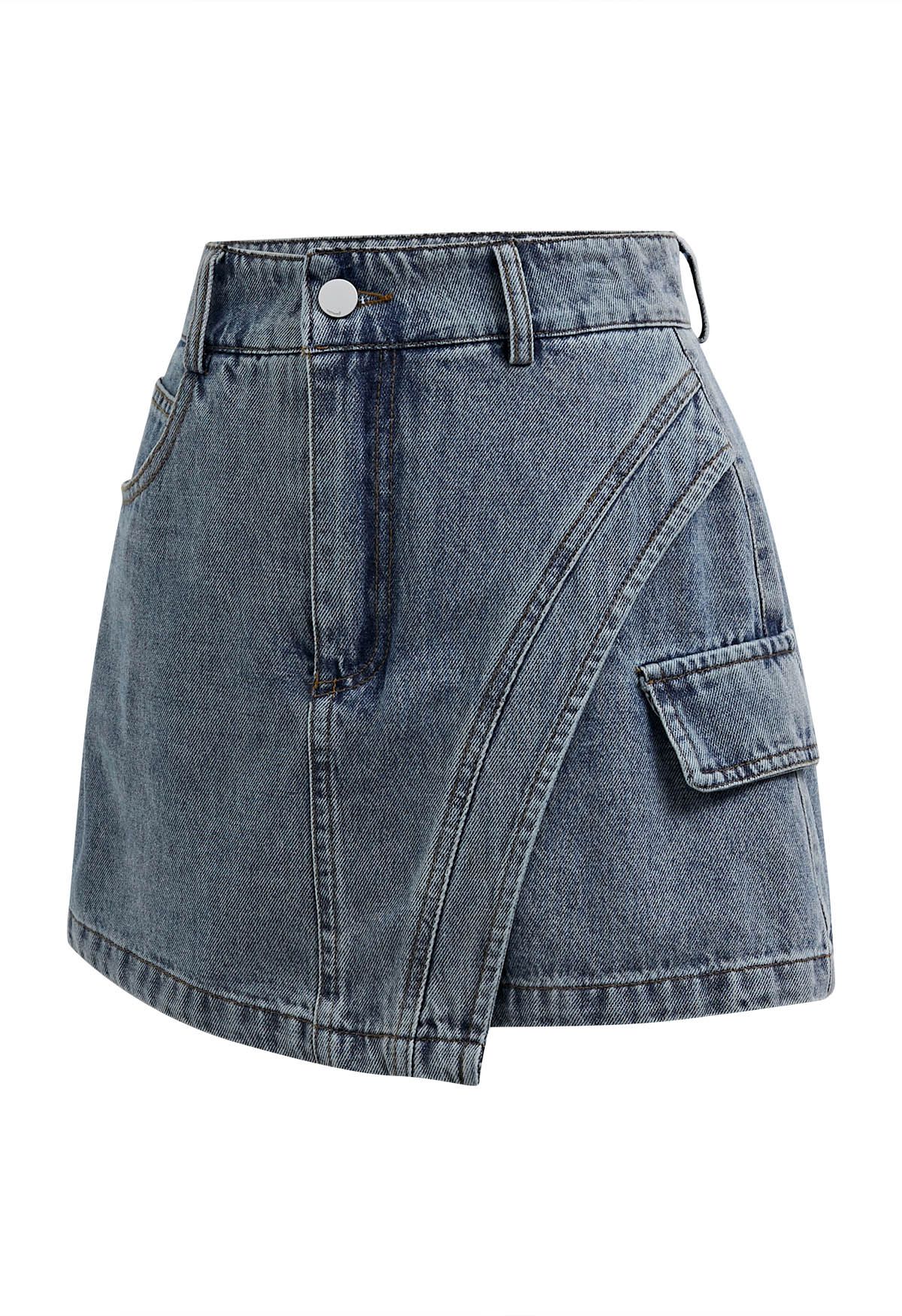 Edgy Curved Seam Flap Denim Skorts in Light Blue