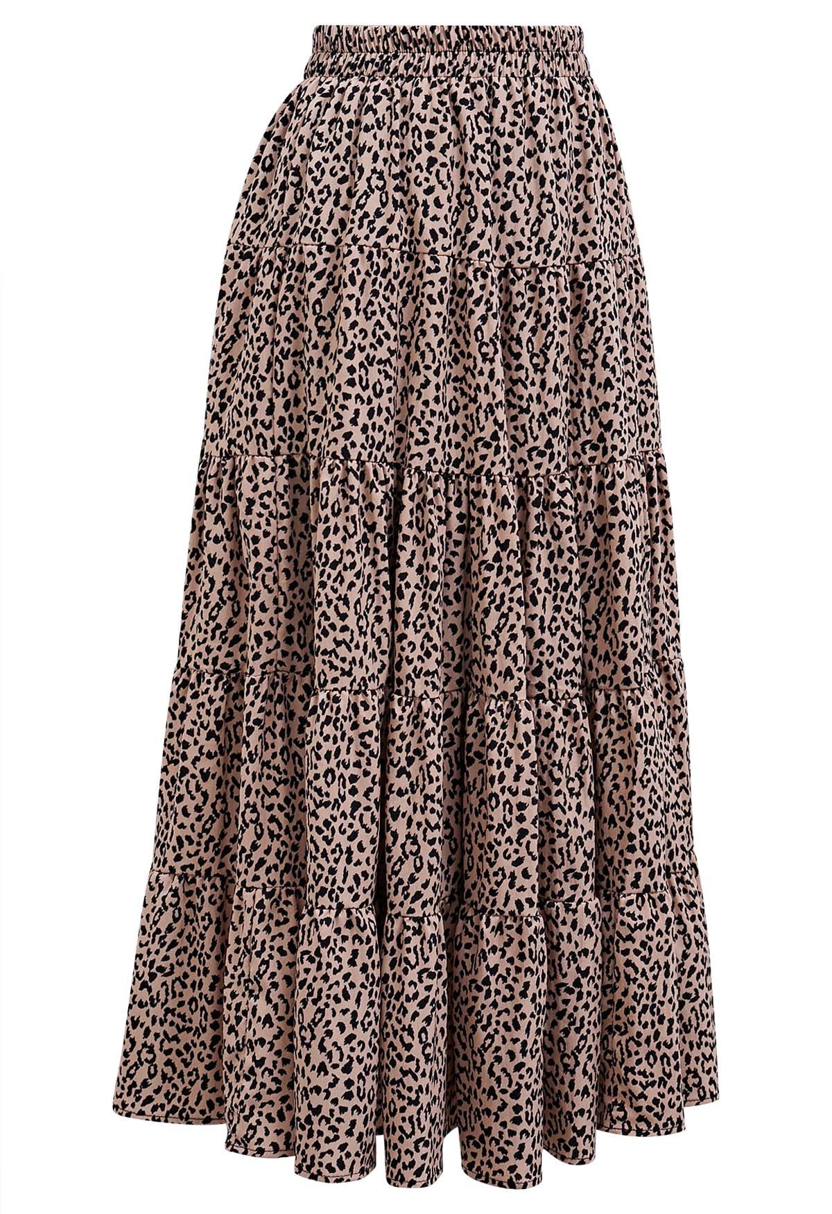 Leopard Printed Panelled Frilling Midi Skirt