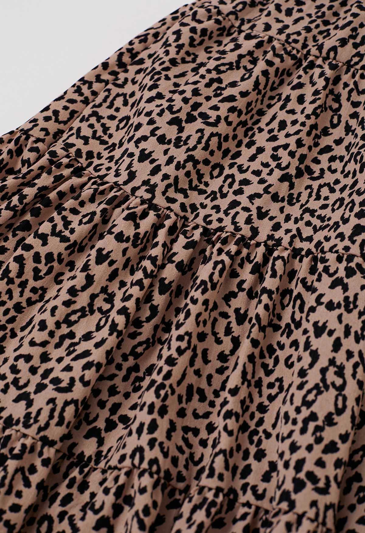 Leopard Printed Panelled Frilling Midi Skirt