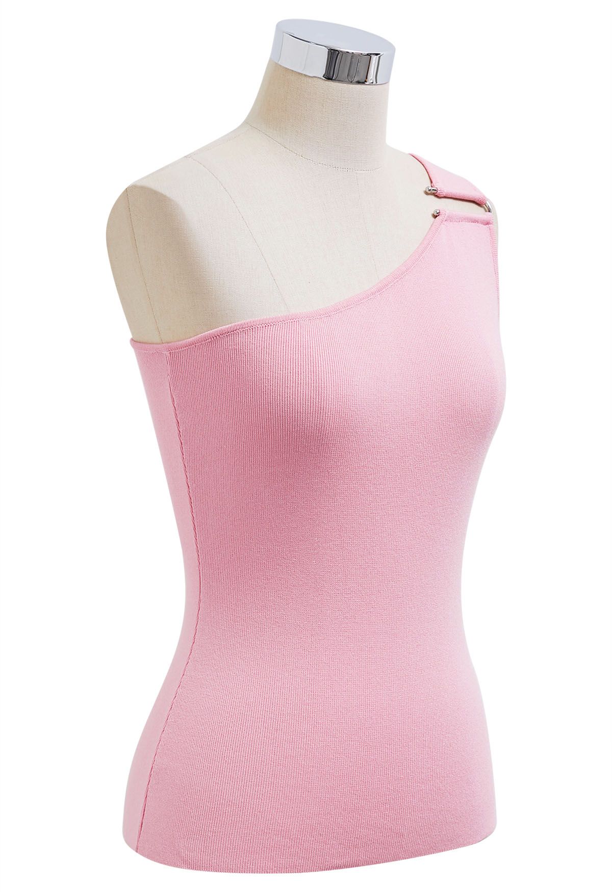 U-Shaped Metal Decor One-Shoulder Knit Top in Pink