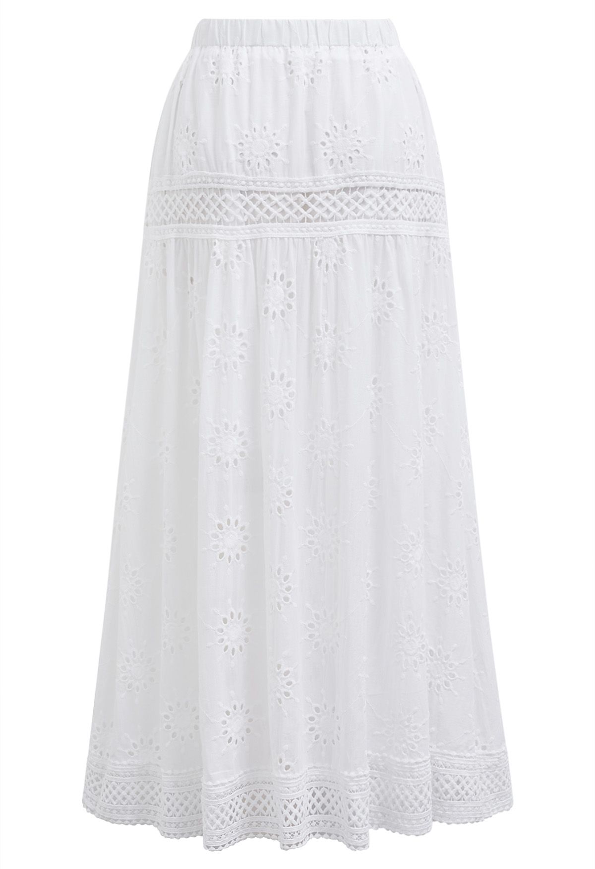 Floral Embroidered Eyelet Cotton Maxi Skirt in White