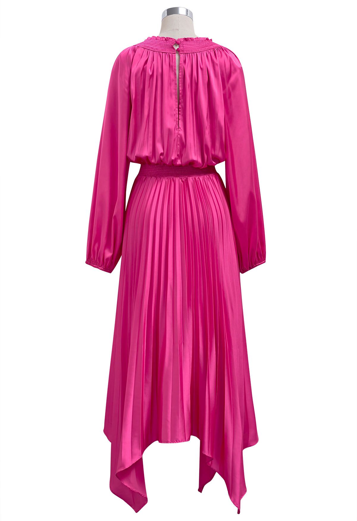 Cutout Shirred Detail Pleated Asymmetric Dress in Hot Pink