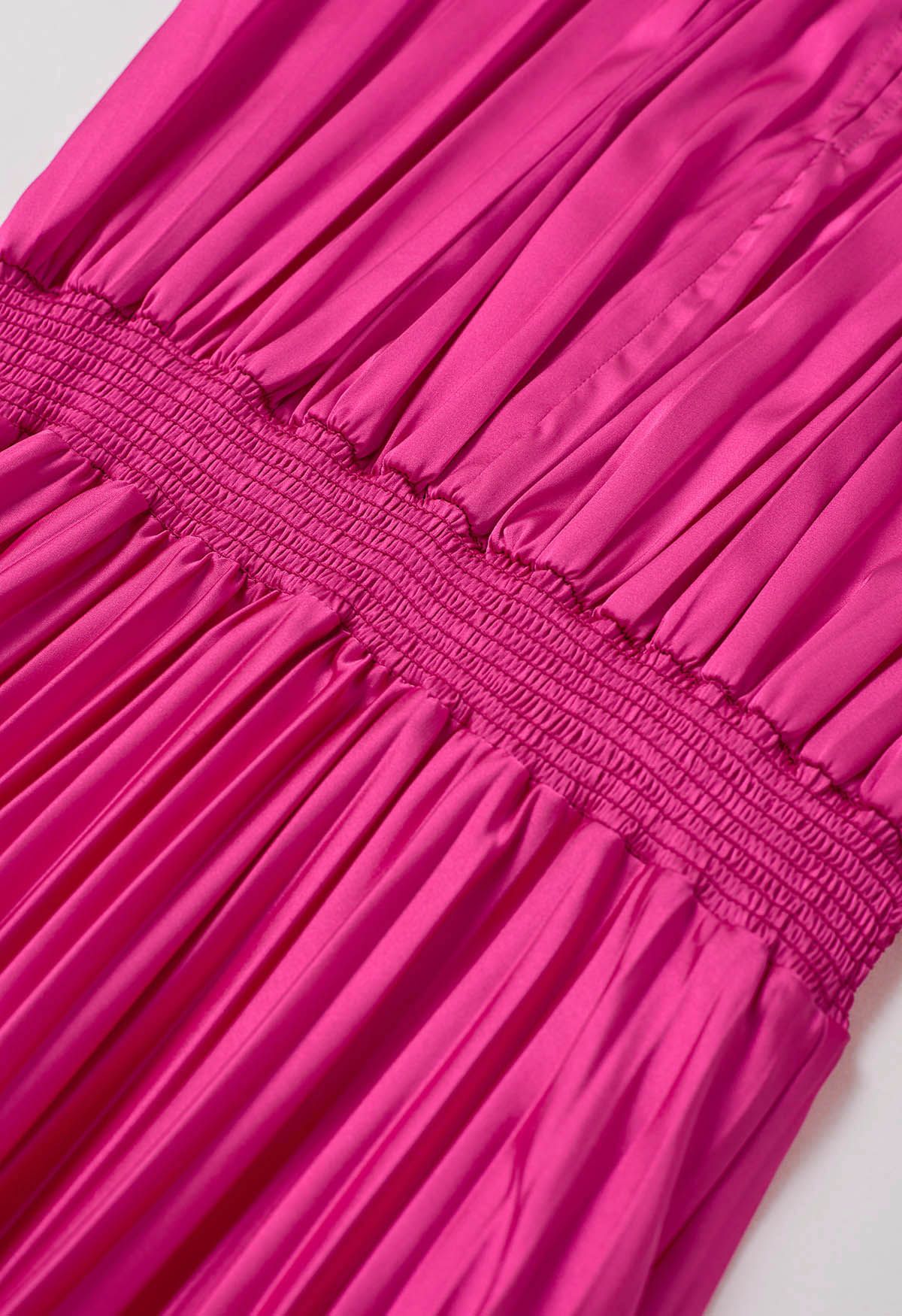 Cutout Shirred Detail Pleated Asymmetric Dress in Hot Pink