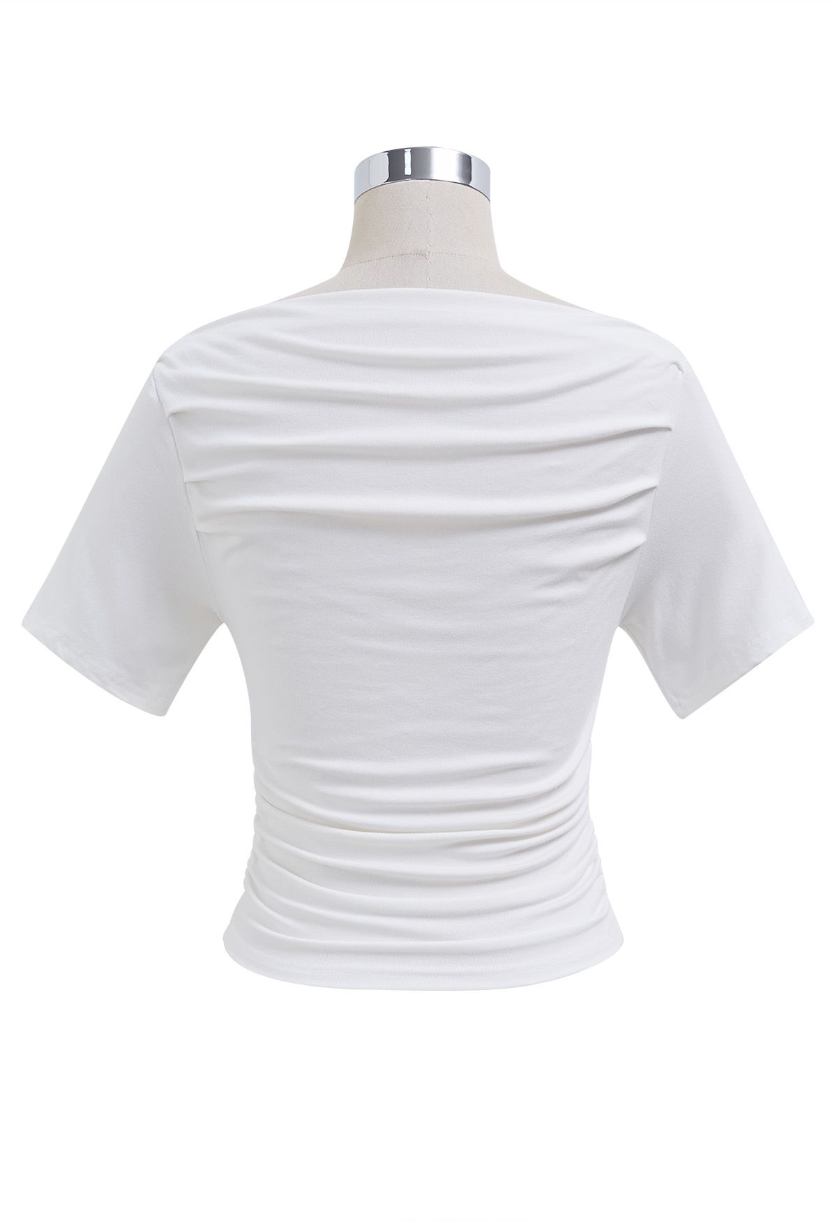 Boat Neck Short Sleeve Ruched Cotton Top in White