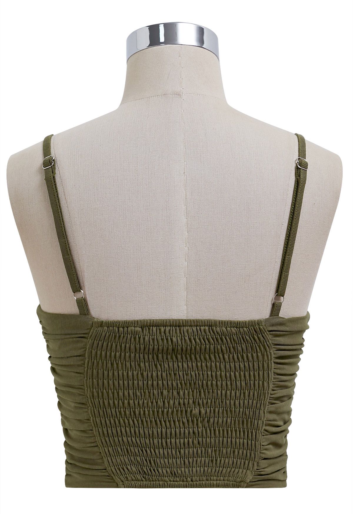 Knotted V-Neck Ruched Crop Cami Top in Army Green