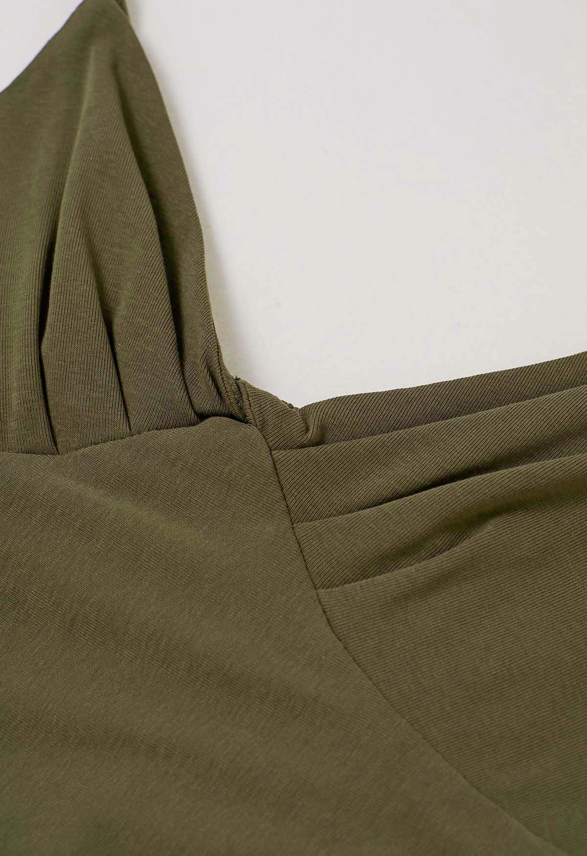 Knotted V-Neck Ruched Crop Cami Top in Army Green