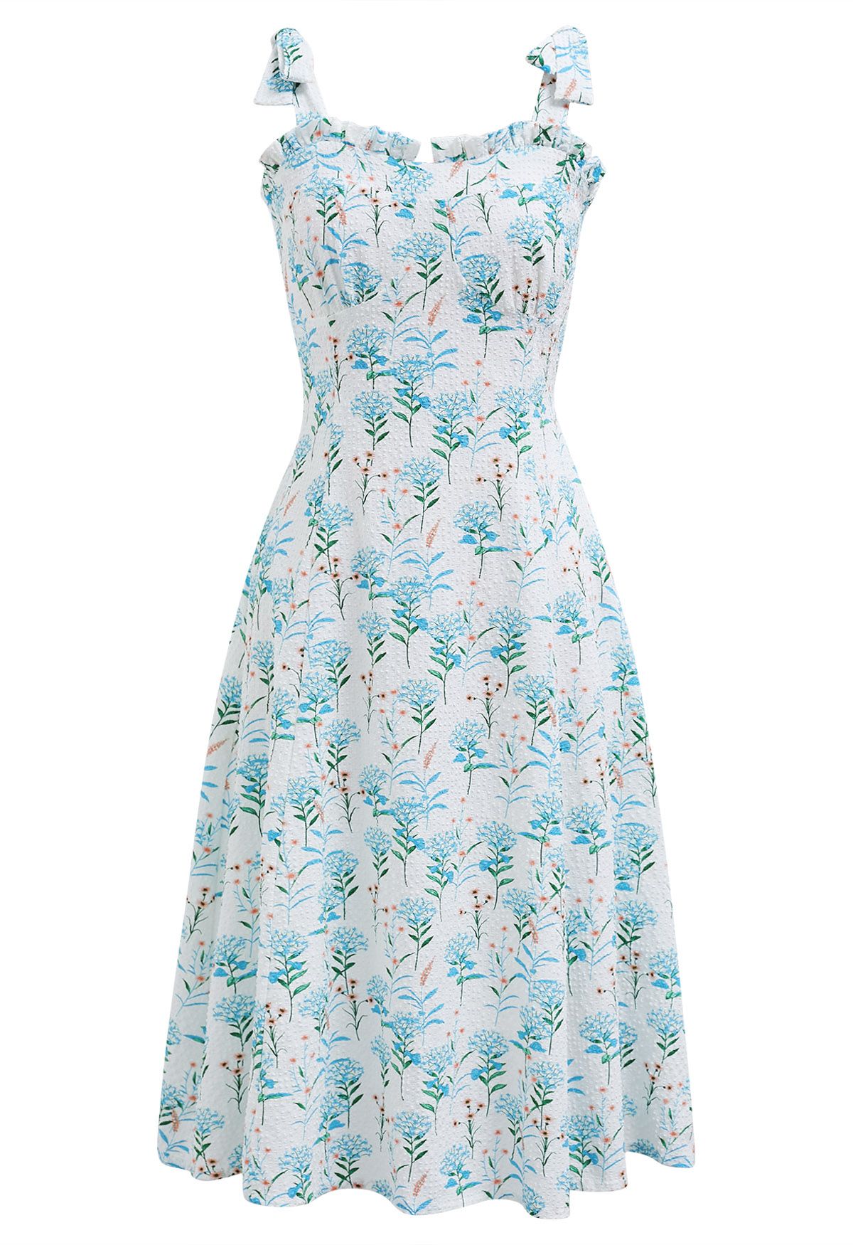 Blue Floral Printed Tie-Strap Embossed Midi Dress