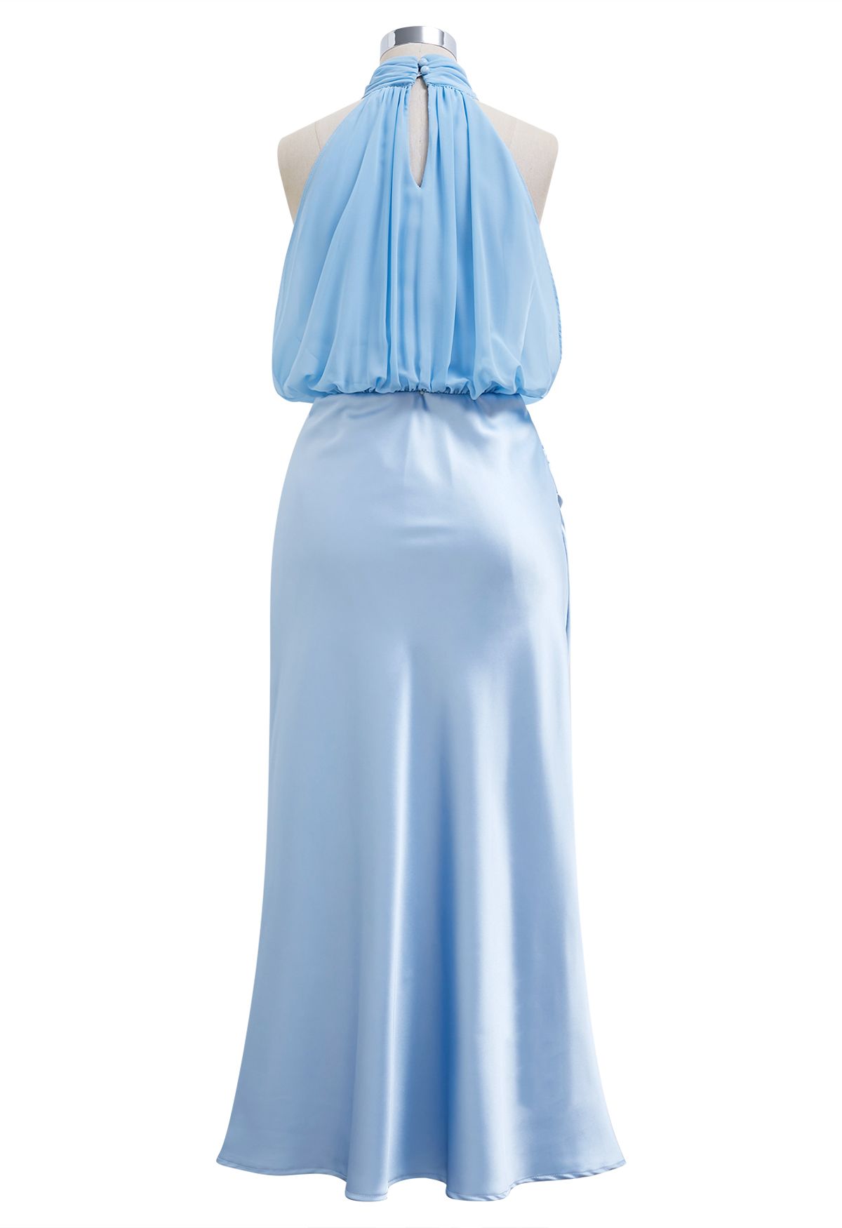 Graceful Halter Neck Chiffon Spliced Satin Dress in Blue