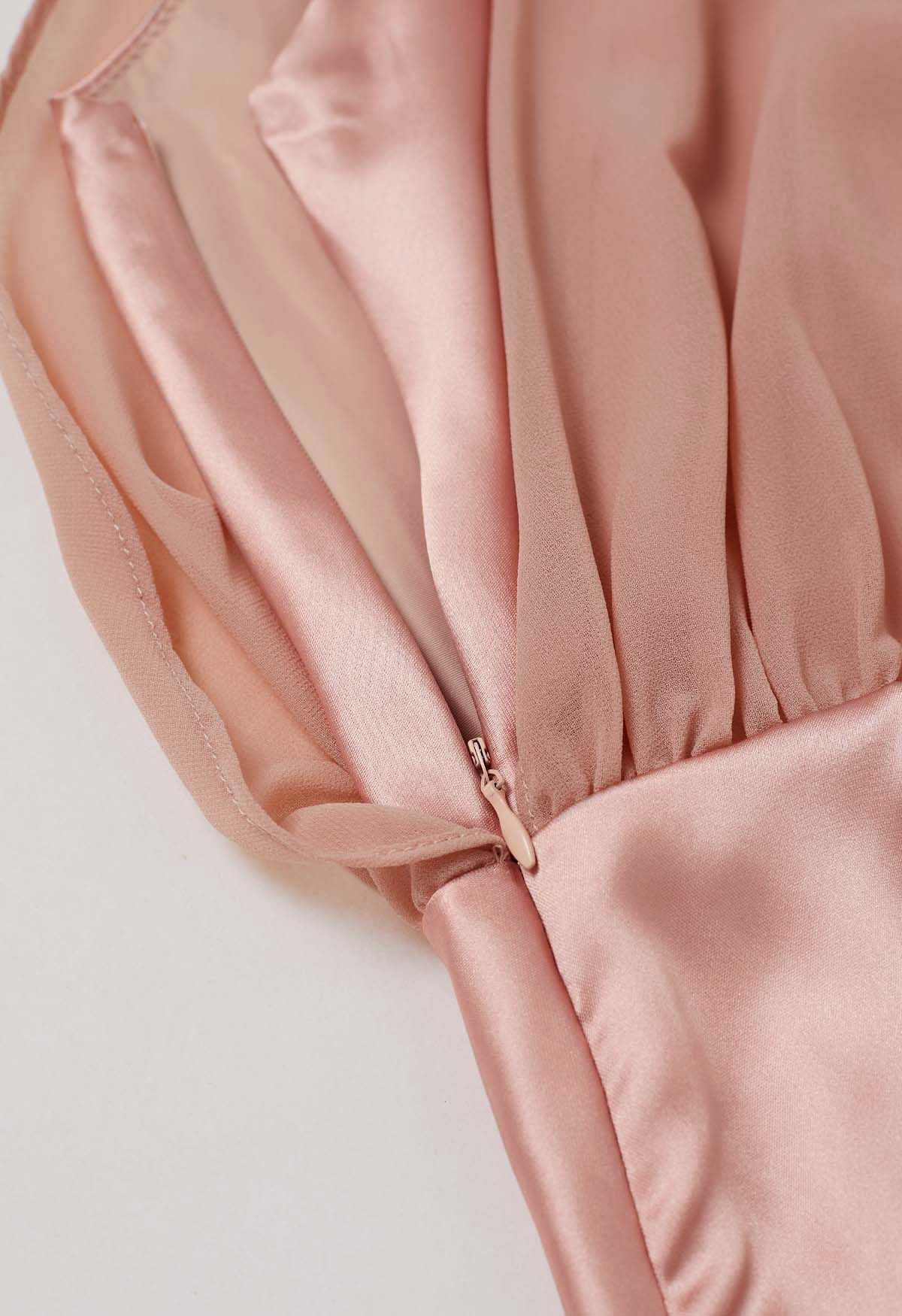 Graceful Halter Neck Chiffon Spliced Satin Dress in Pink