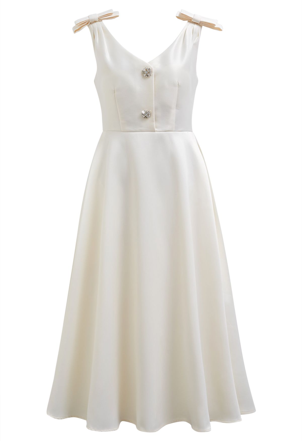 Bow Shoulder Zircon Button Midi Dress in Cream