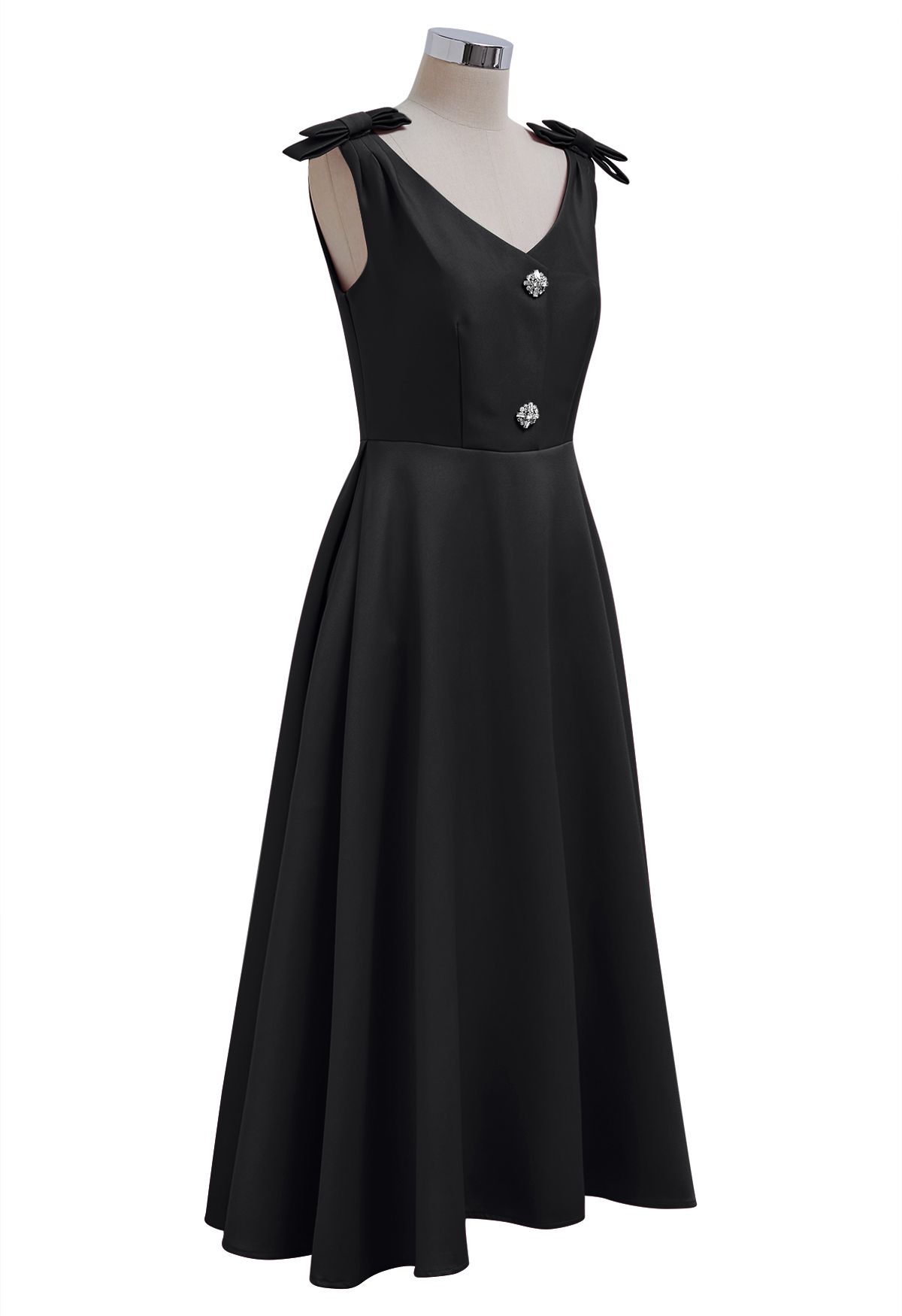 Bow Shoulder Zircon Button Midi Dress in Black