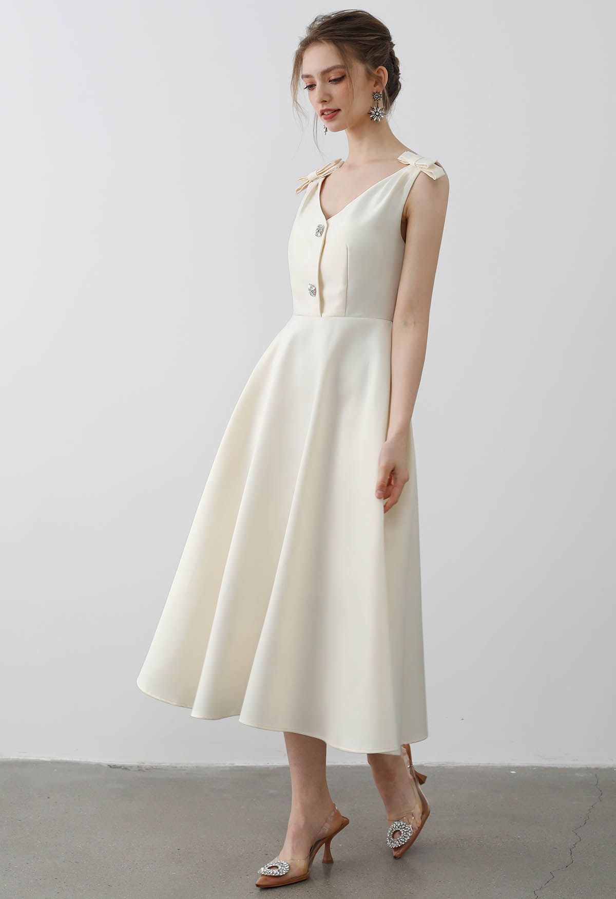 Bow Shoulder Zircon Button Midi Dress in Cream