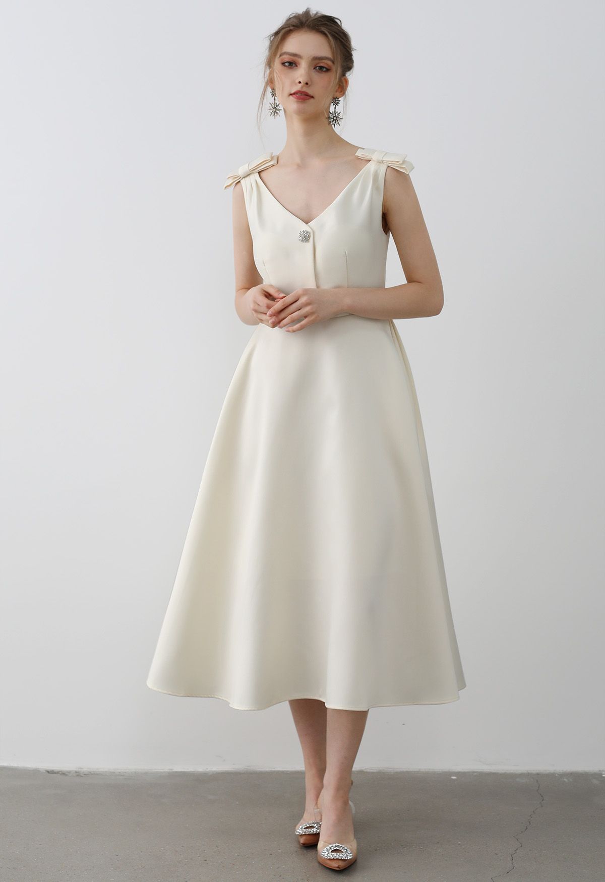 Bow Shoulder Zircon Button Midi Dress in Cream