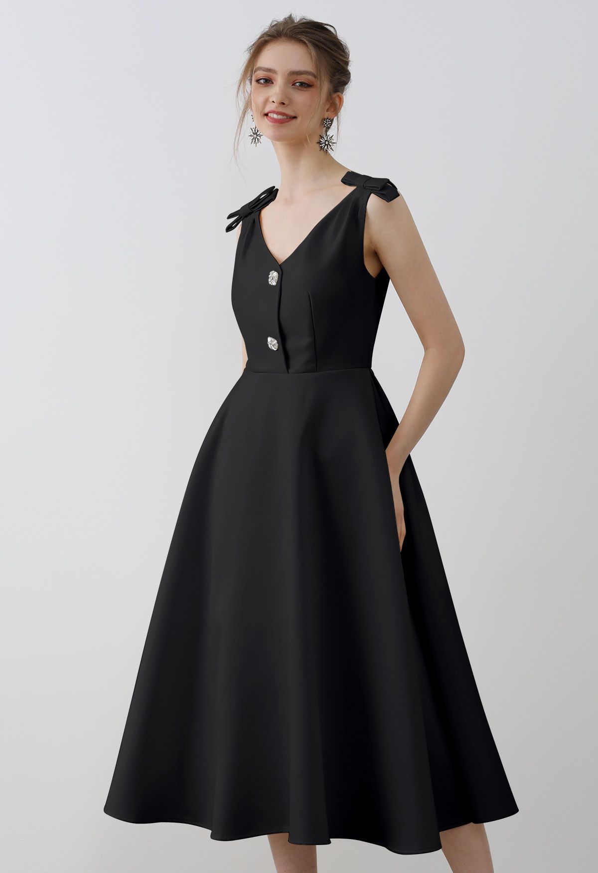 Bow Shoulder Zircon Button Midi Dress in Black