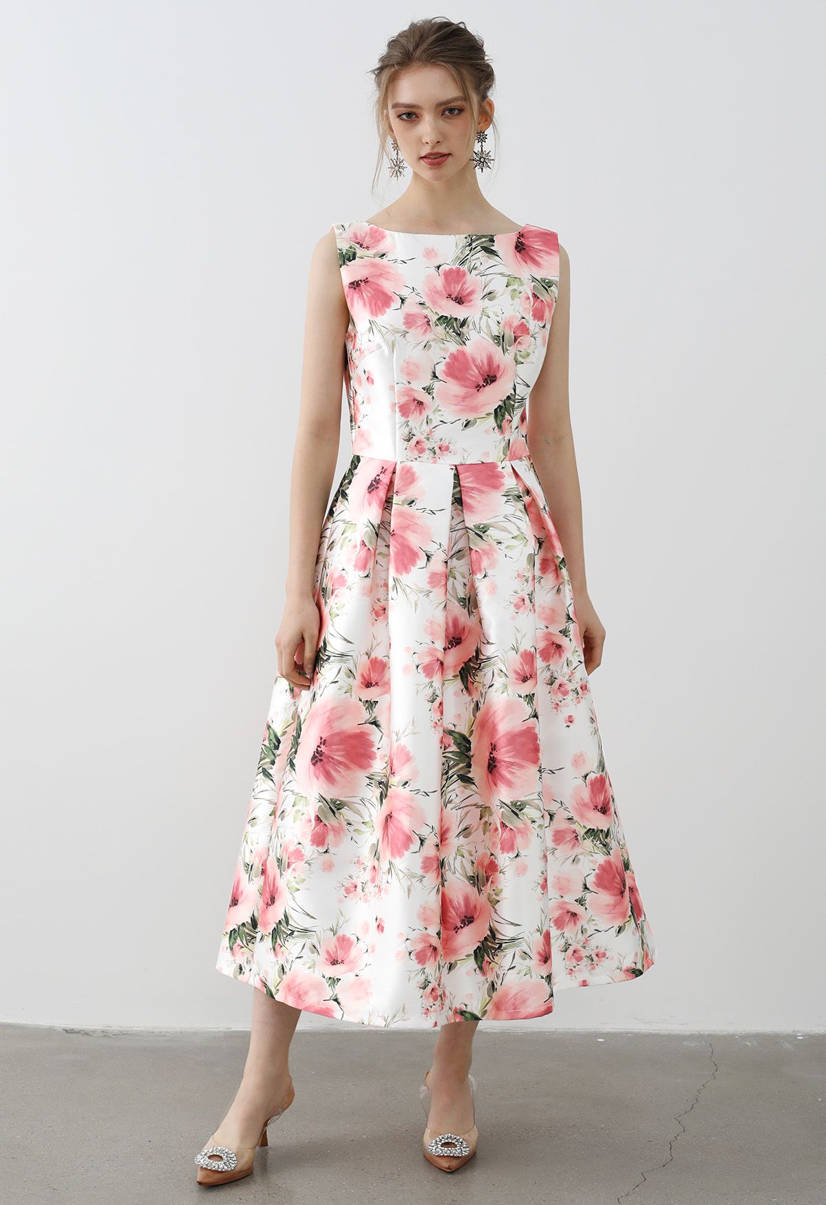 Graceful Blossom Sleeveless Midi Dress in White