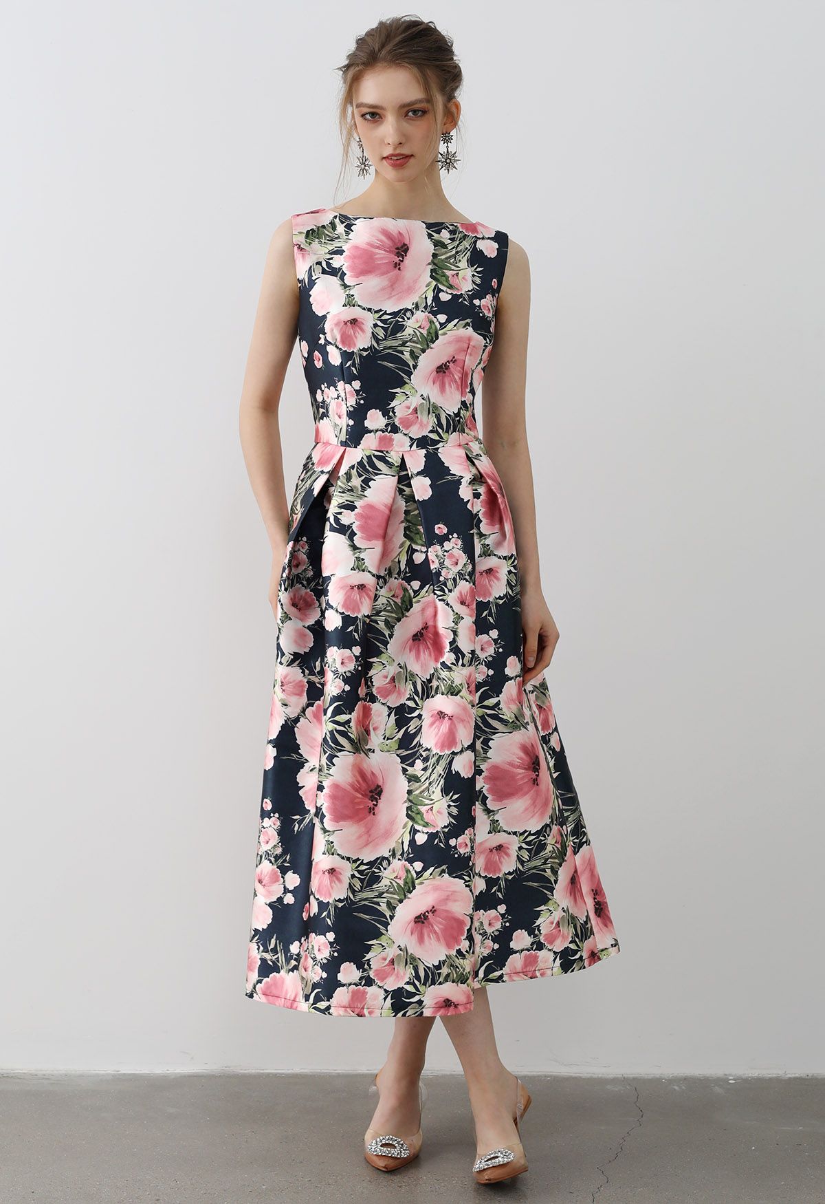 Graceful Blossom Sleeveless Midi Dress in Navy