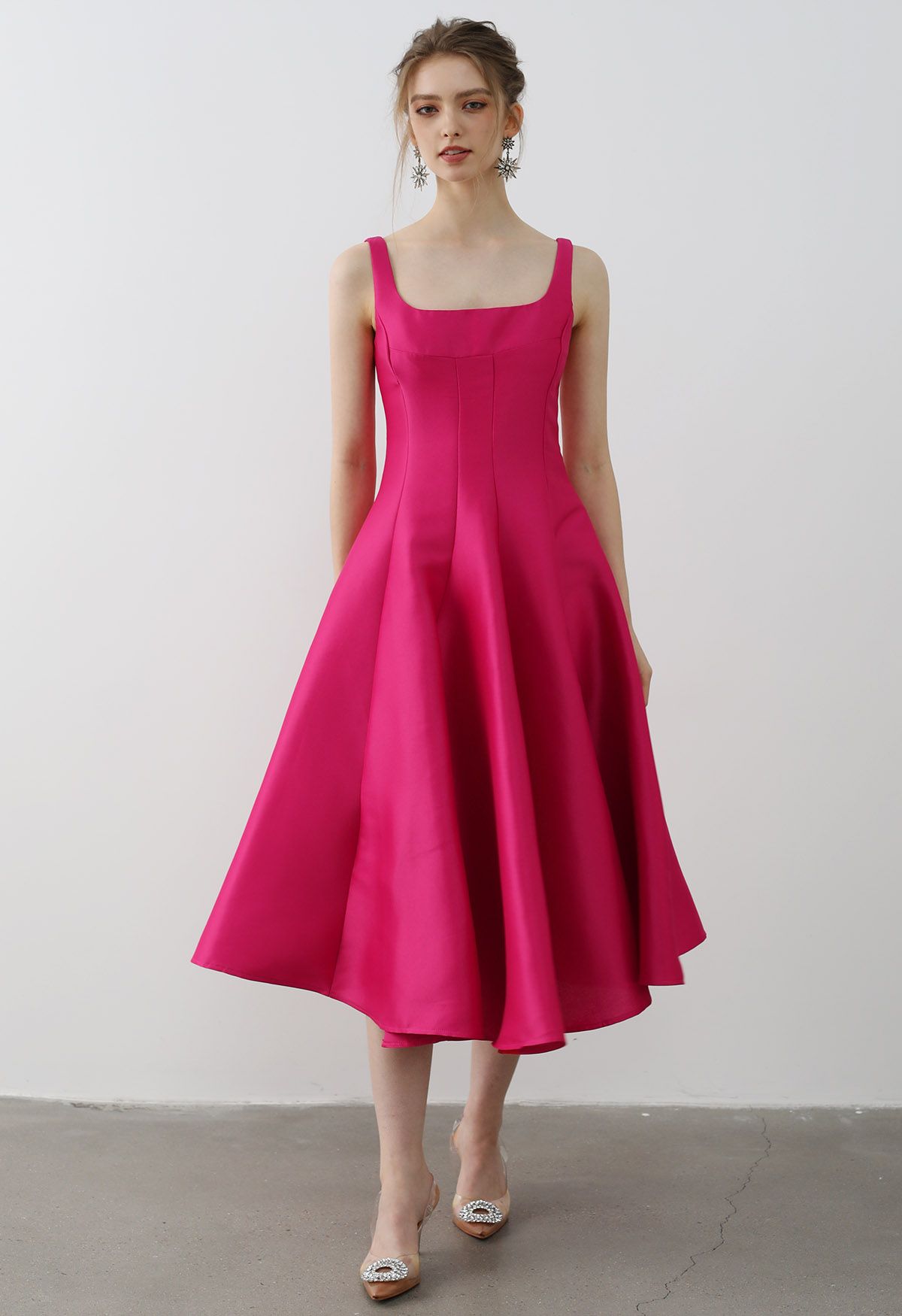 Polished Satin Flared Hem Cami Dress in Magenta