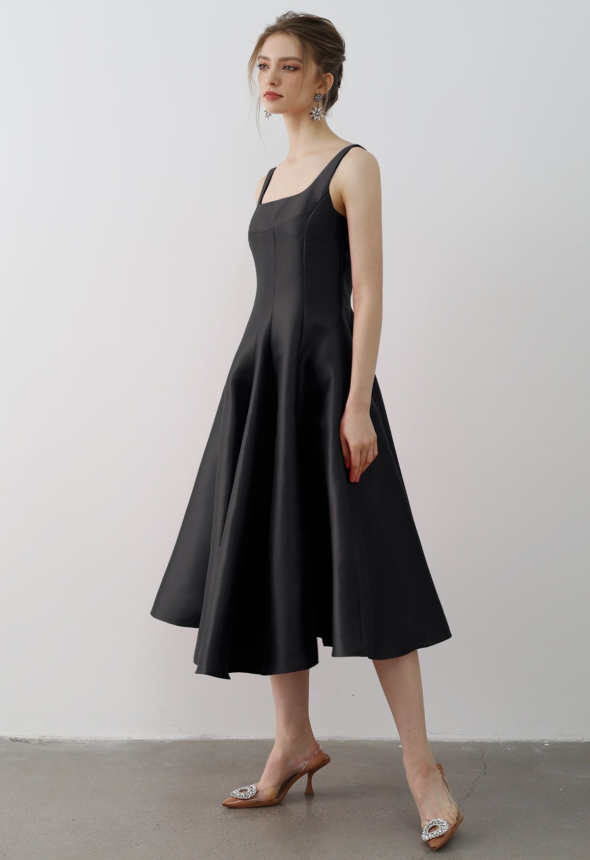 Polished Satin Flared Hem Cami Dress in Black