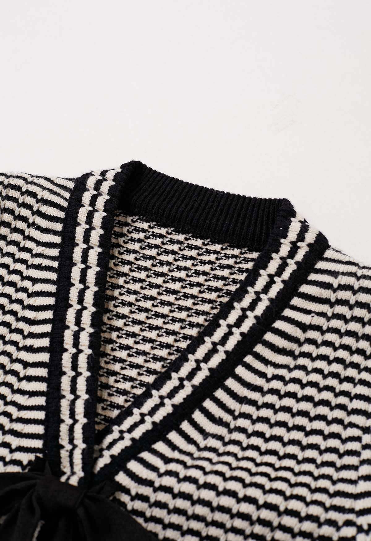 Tie Bow Patch Pocket Striped Cardigan