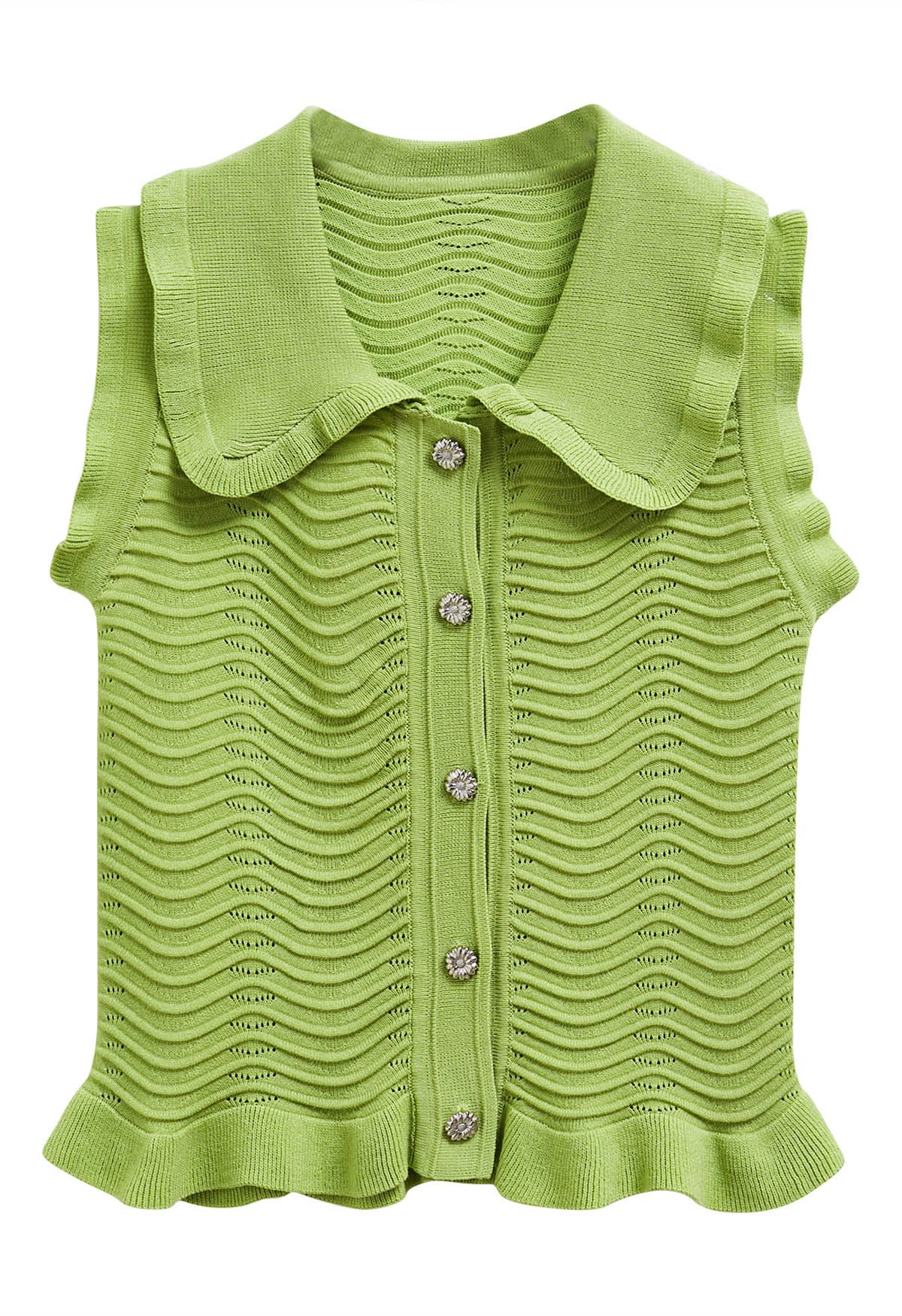 Ruffle Edge Wavy Pointelle Knit Top in Green