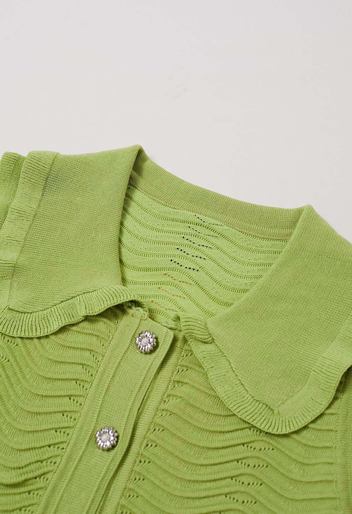 Ruffle Edge Wavy Pointelle Knit Top in Green