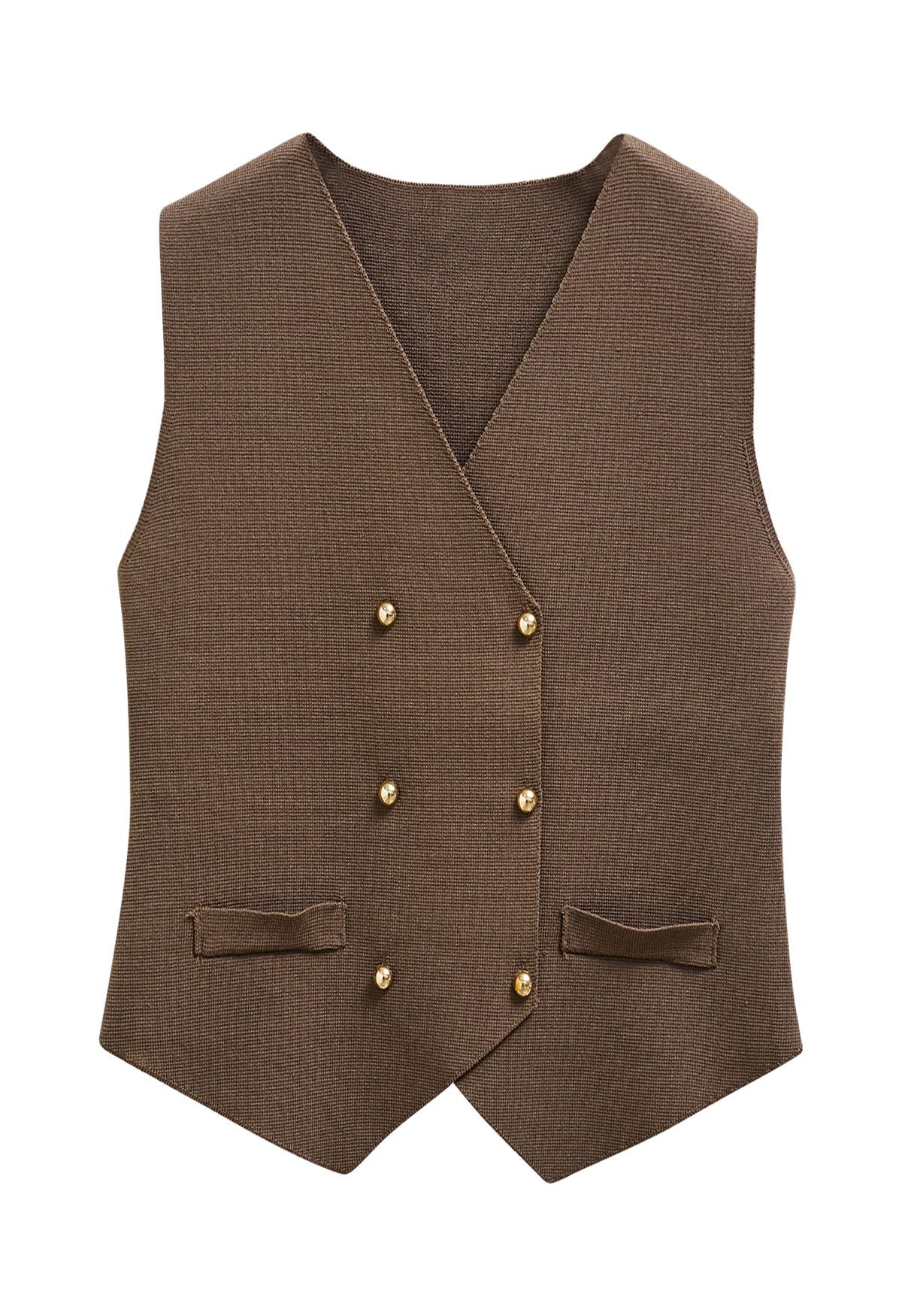 Asymmetric Hem Double-Breasted Knit Vest in Brown