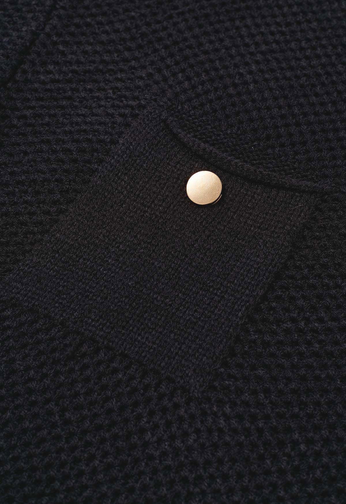 Buttons Decorated Pocket Waffle Knit Sweater in Black