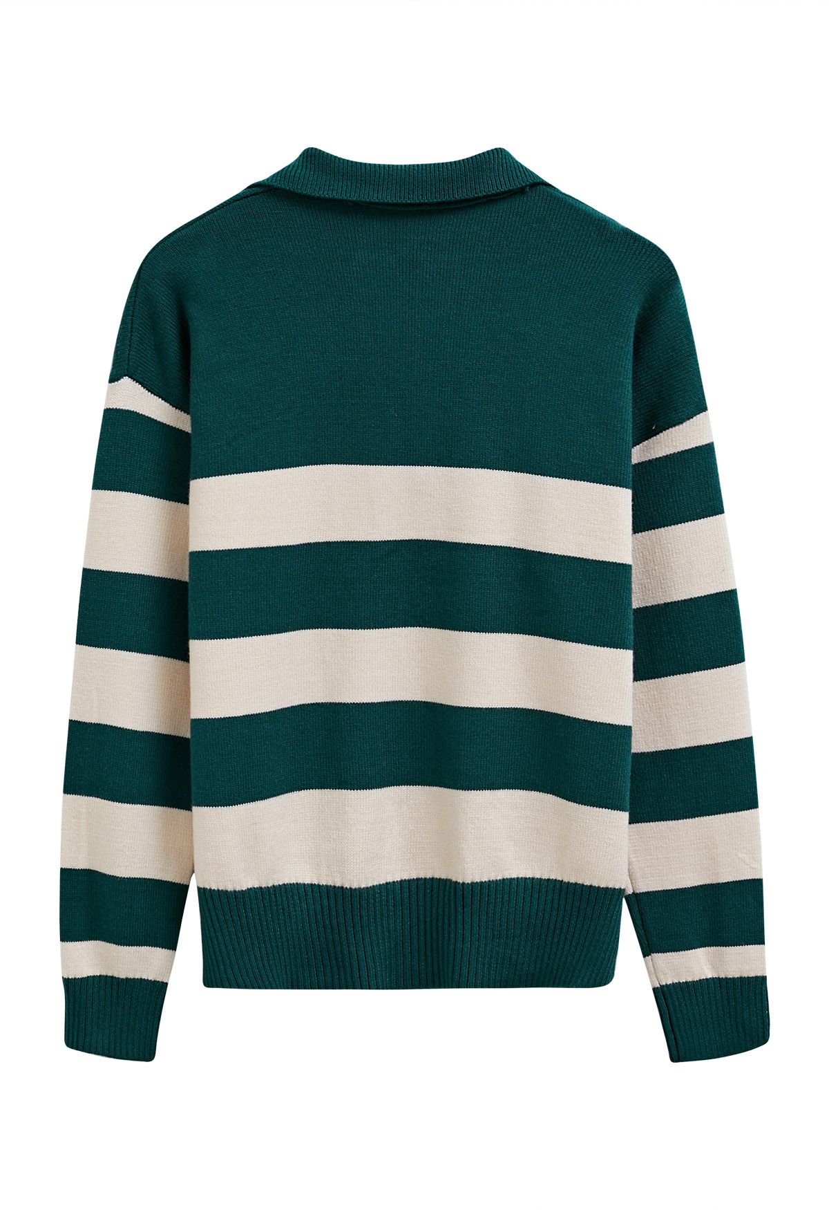 Contrast Stripe Collared V-Neck Knit Sweater in Emerald