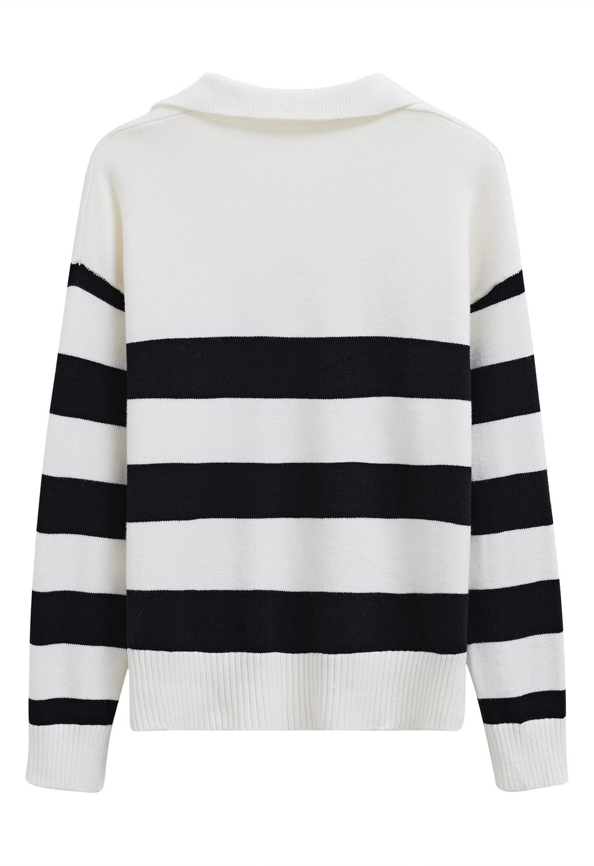 Contrast Stripe Collared V-Neck Knit Sweater in White