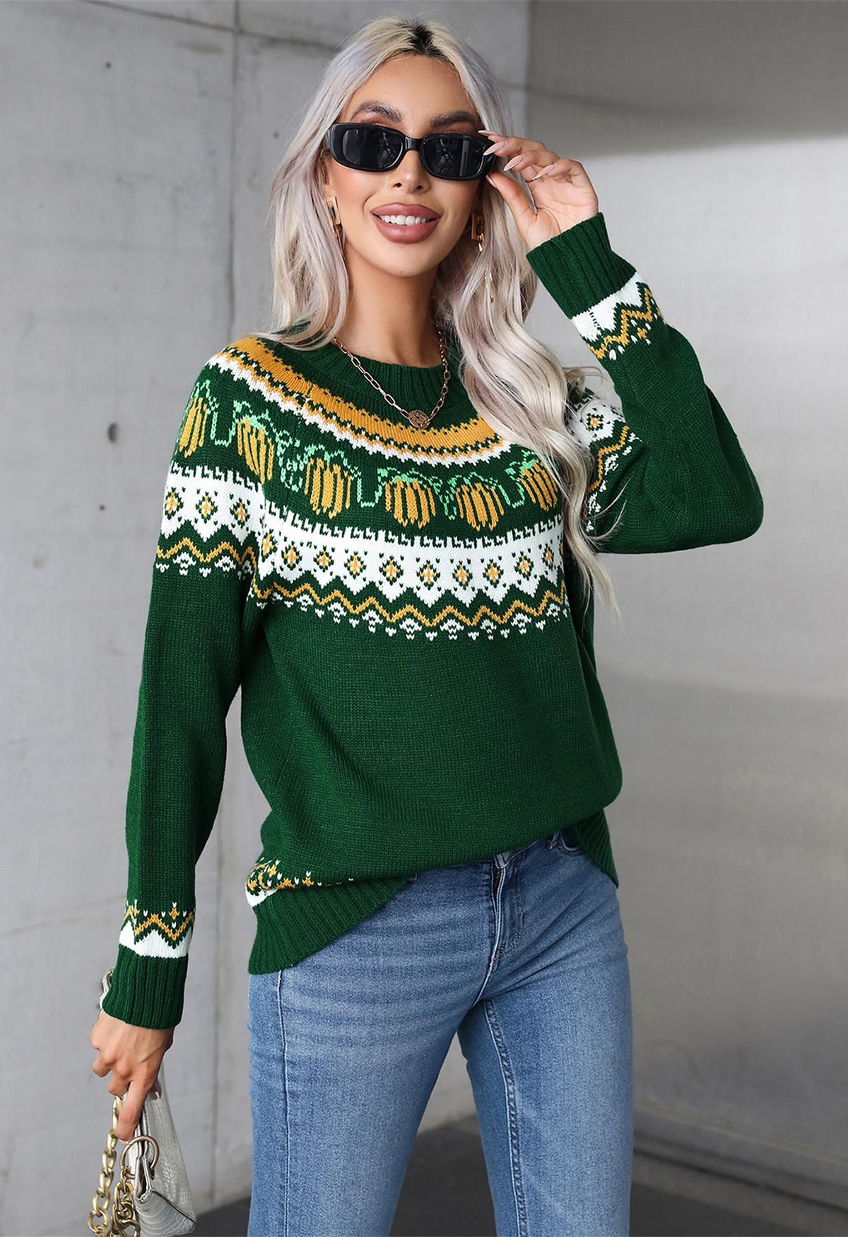 Pumpkin Delight Long Sleeves Knit Sweater in Green