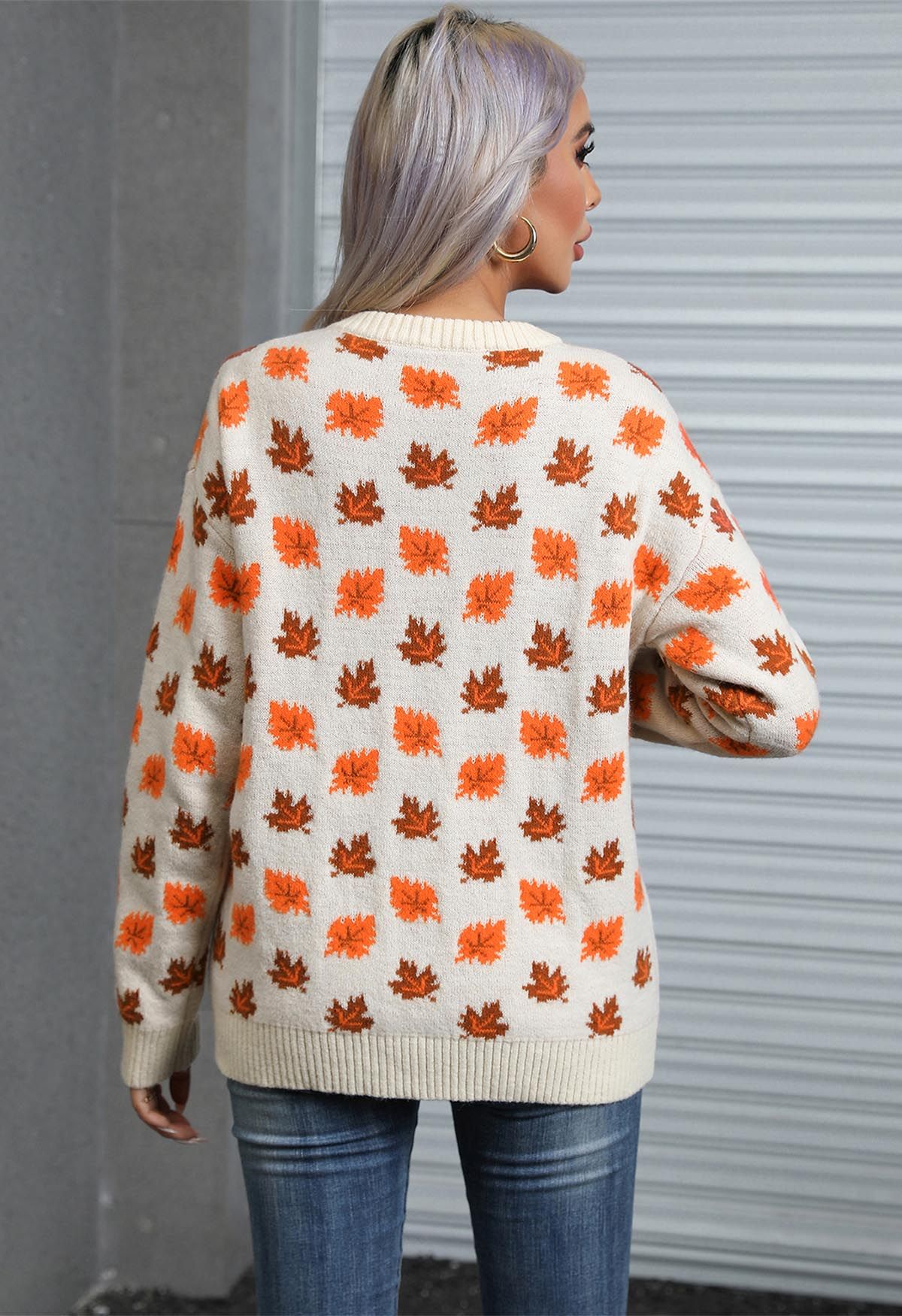 Maple Leaf Long Sleeves Oversized Knit Sweater in Ivory