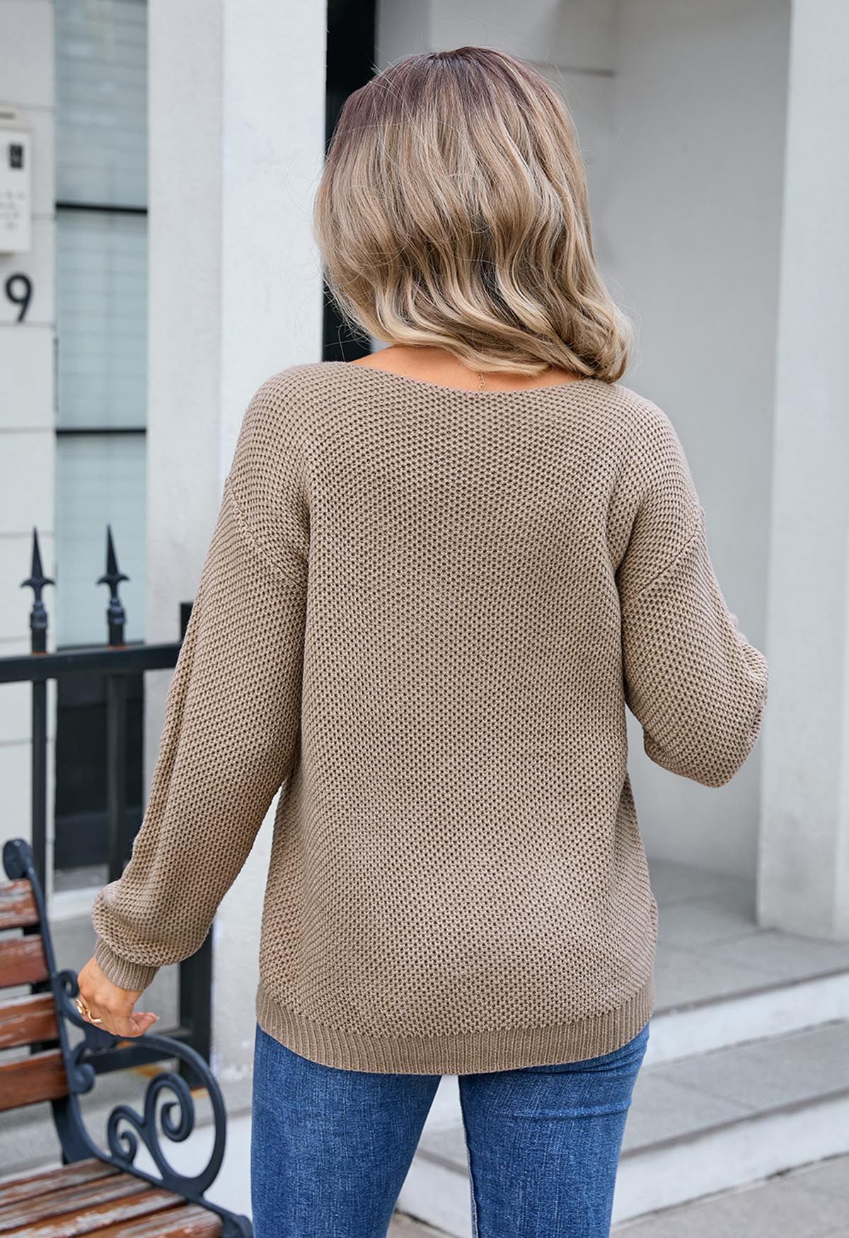 Buttons Decorated Pocket Waffle Knit Sweater in Khaki