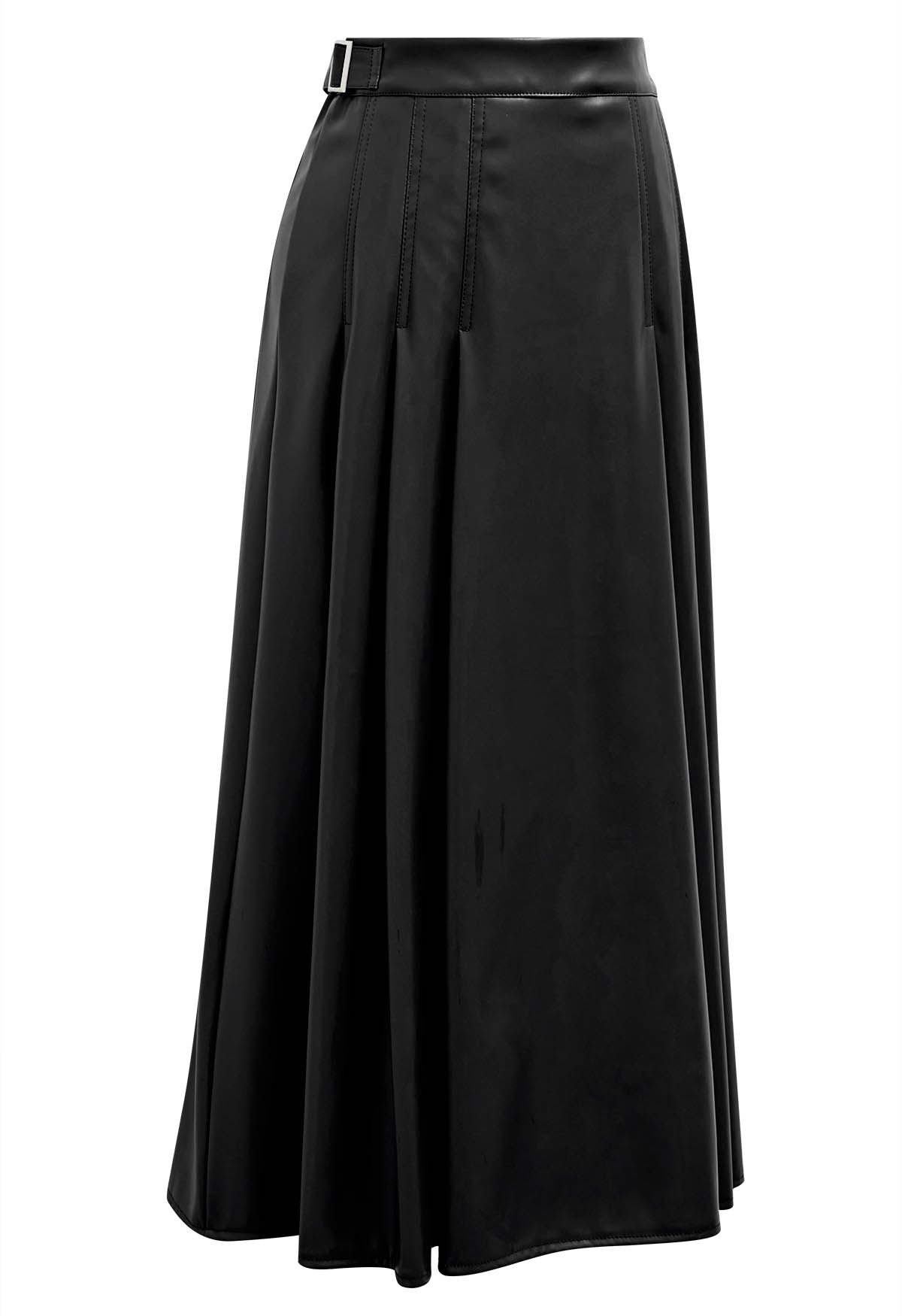 Side Belt Faux Leather Pleated Midi Skirt in Black