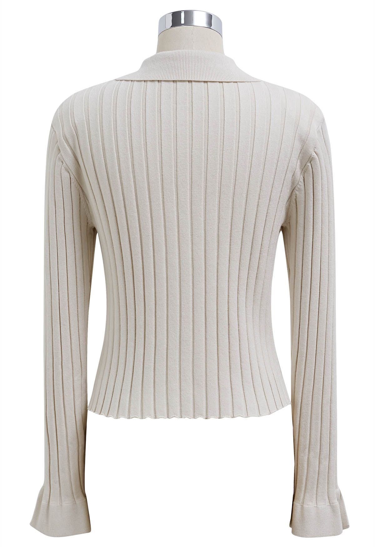 Heart-Shape Button Down Collar Knit Top in Ivory