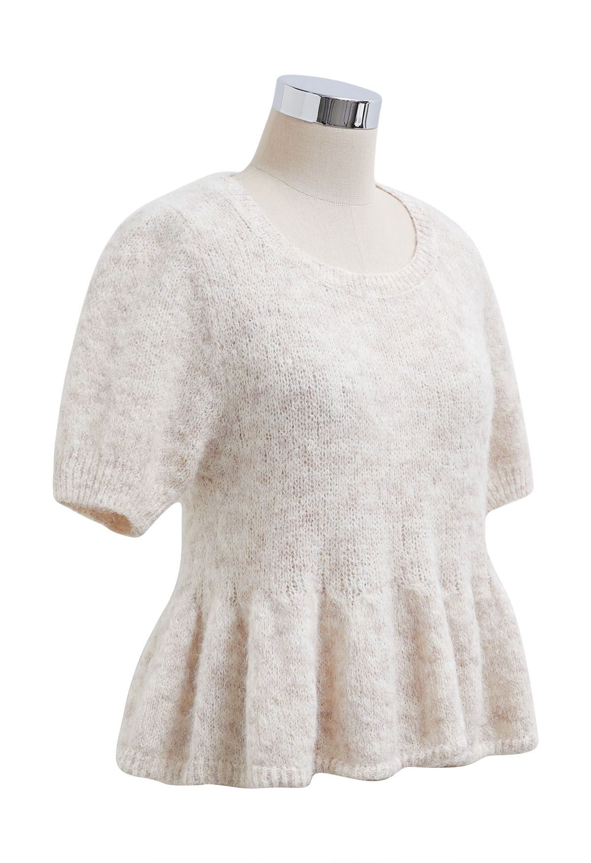 Peplum Flair Fuzzy Knit Top in Oatmeal