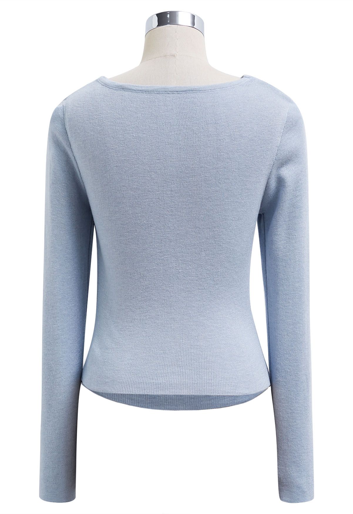 Gentle Crossover Long-Sleeve Knit Top in Blue