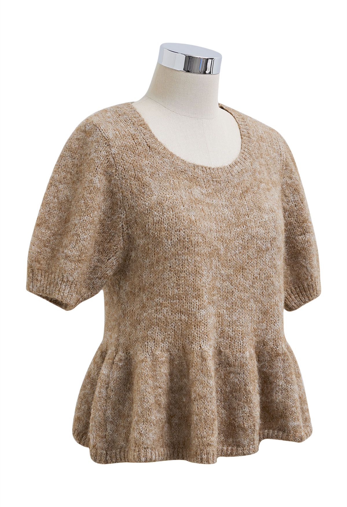 Peplum Flair Fuzzy Knit Top in Tan