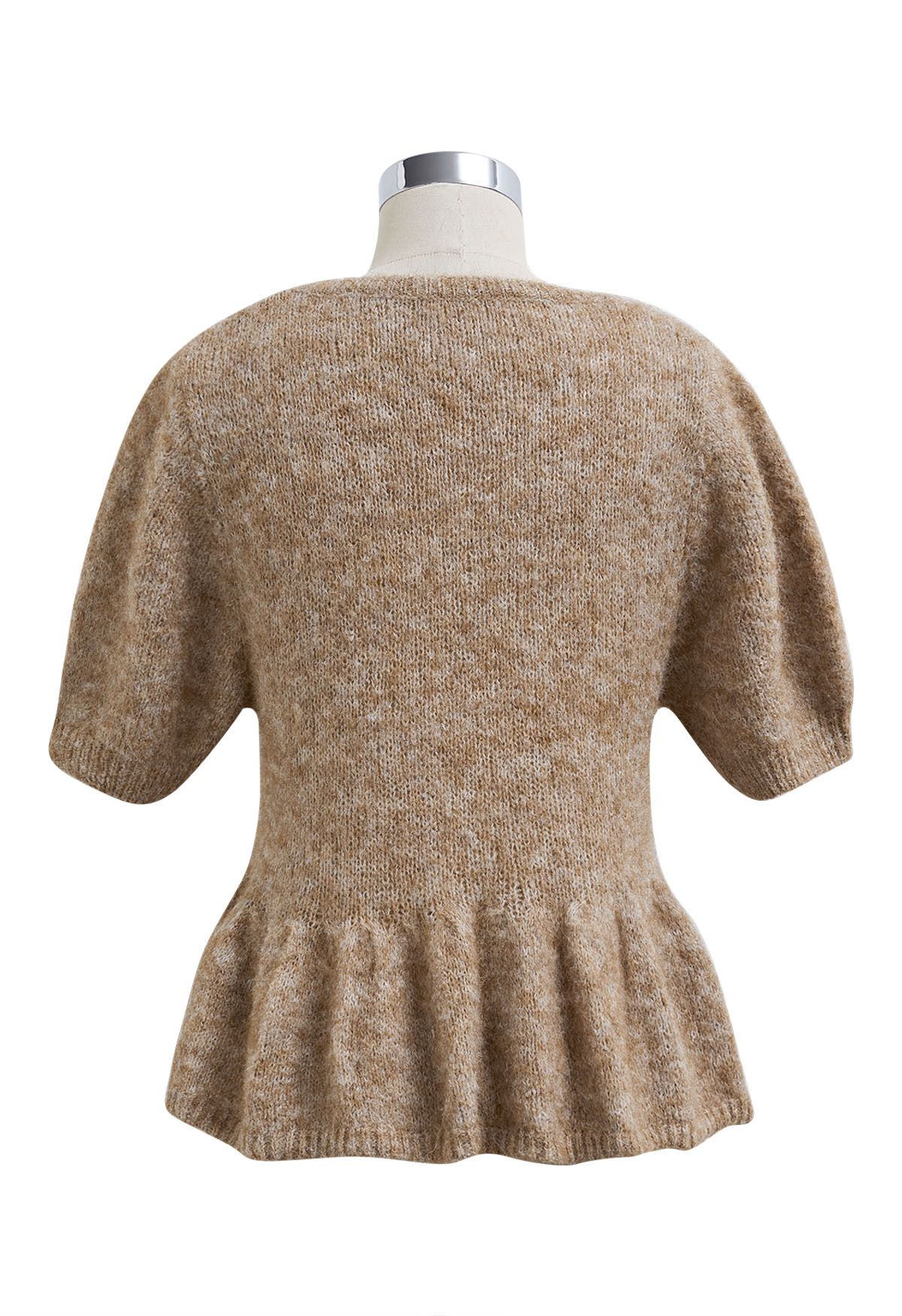 Peplum Flair Fuzzy Knit Top in Tan