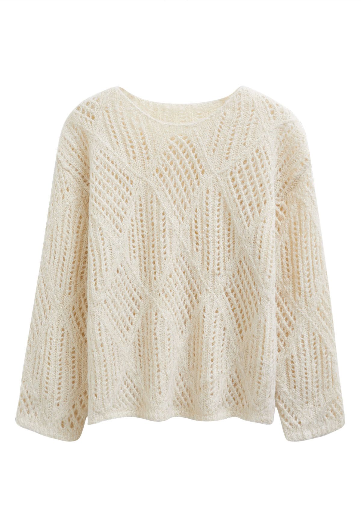 Diamond Pattern Hollow Fuzzy Knit Sweater in Cream