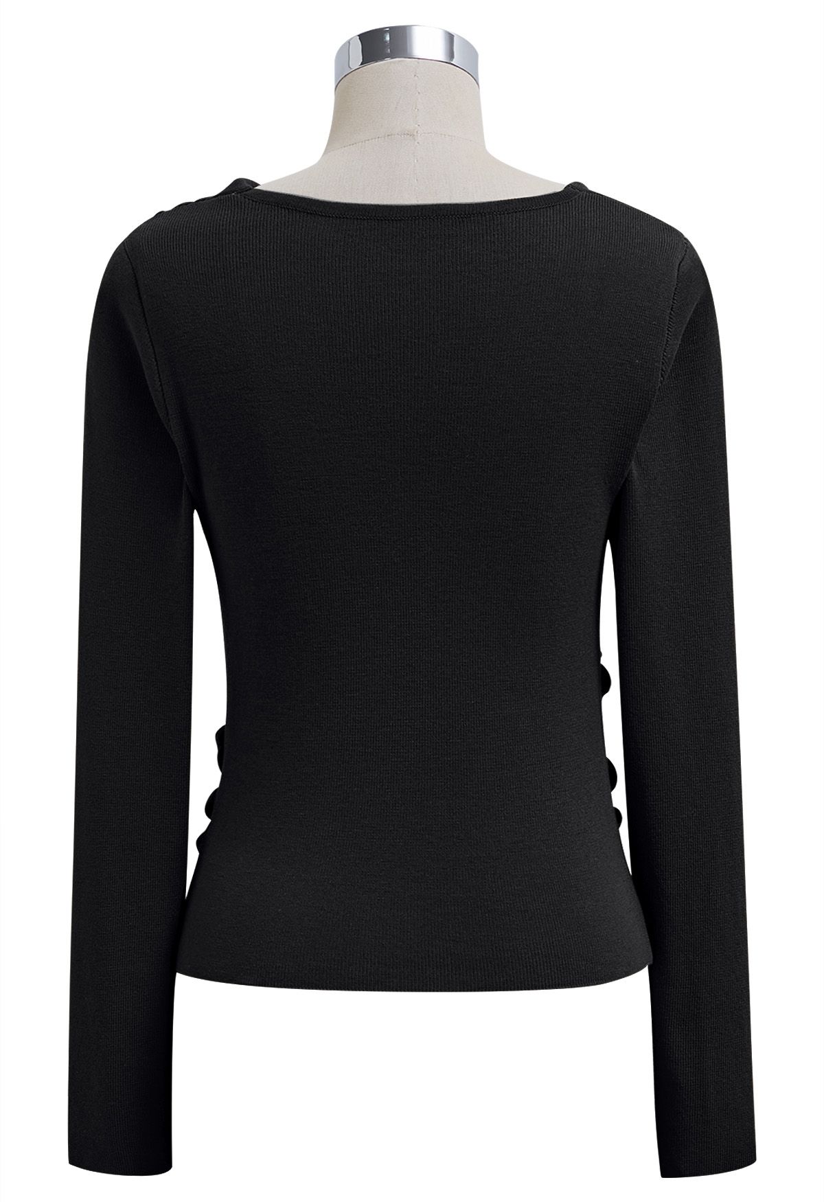 Side Knot Ruched Long-Sleeve Knit Top in Black