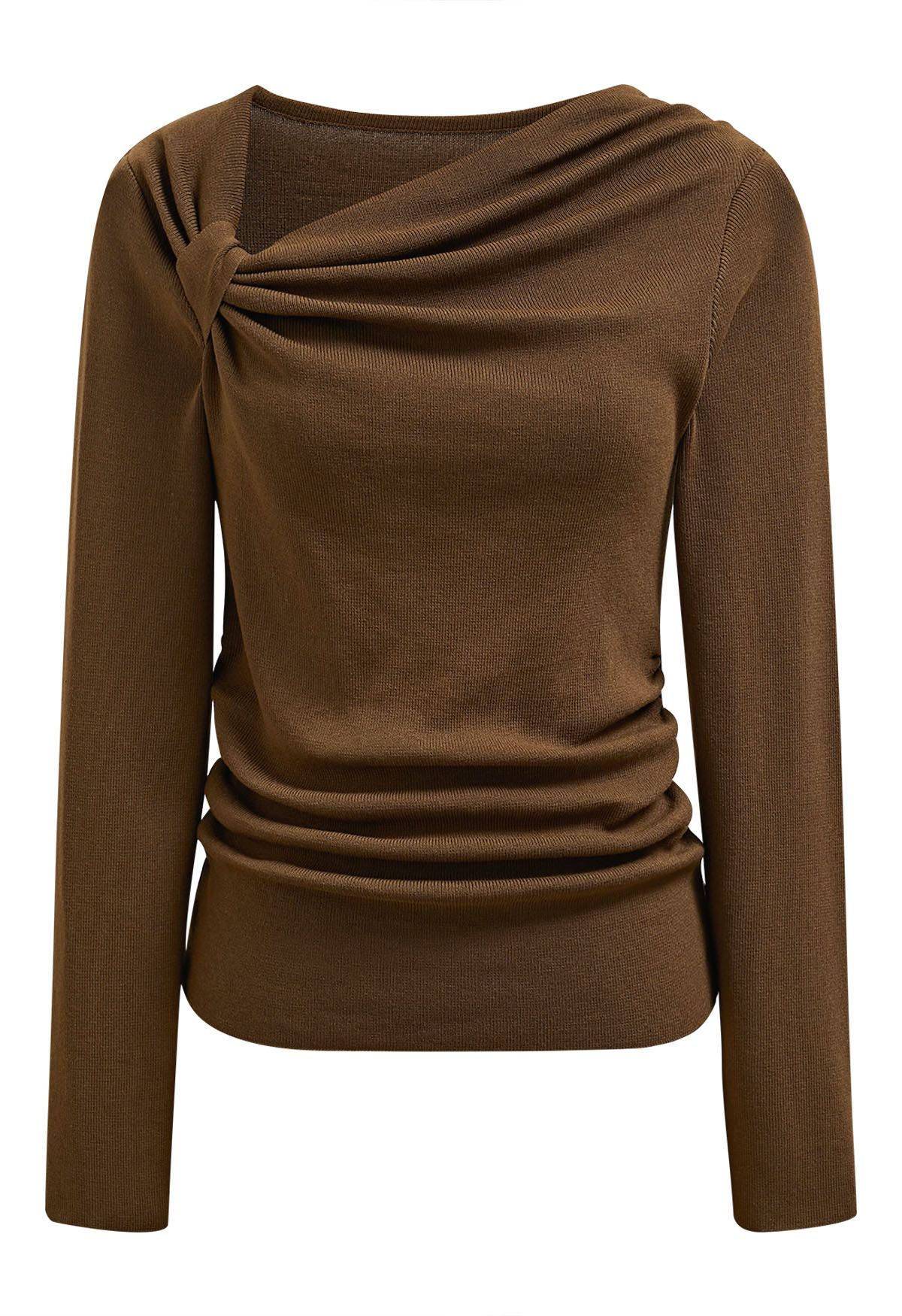 Side Knot Ruched Long-Sleeve Knit Top in Brown