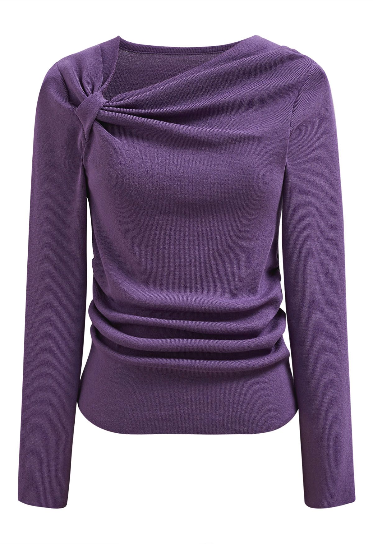 Side Knot Ruched Long-Sleeve Knit Top in Purple