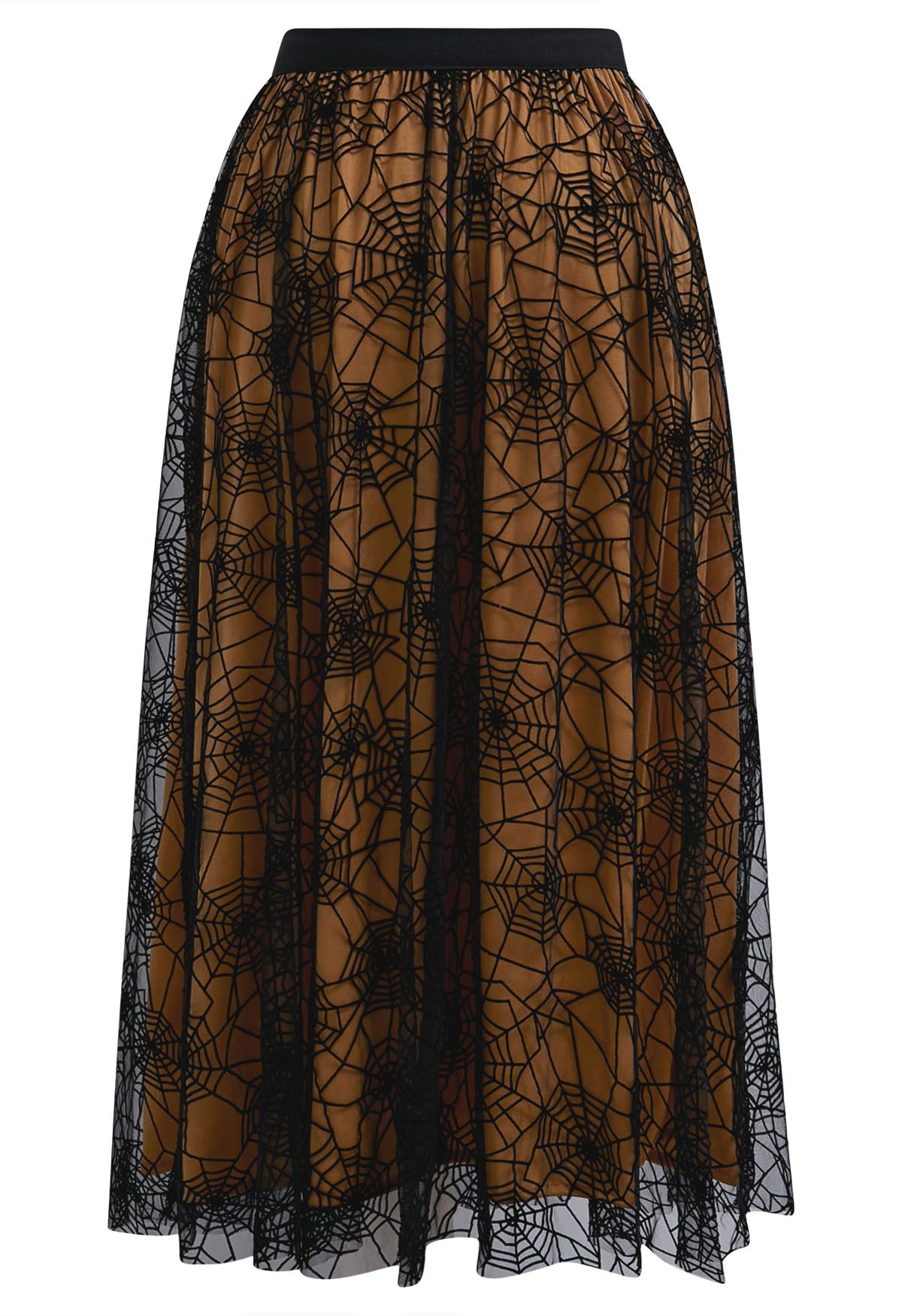 Cobweb Mystique Mesh Tulle Midi Skirt in Pumpkin