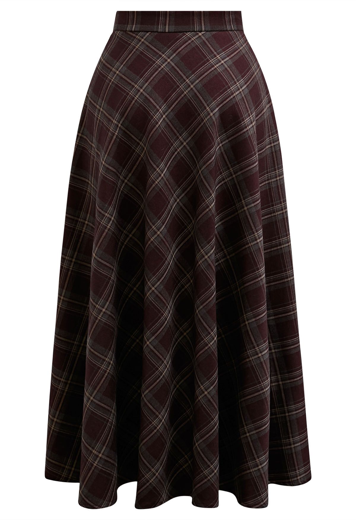 Plaid Charm Flare Midi Skirt in Burgundy