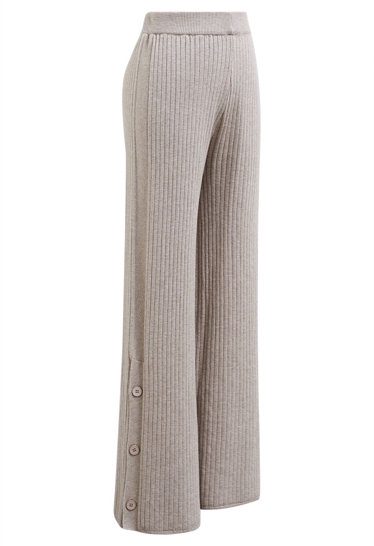 Buttoned Hem Ribbed Knit Pants in Oatmeal