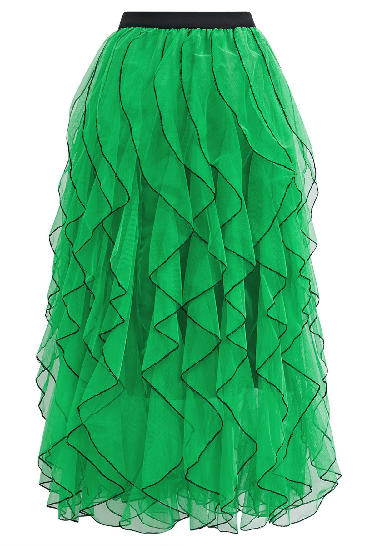 Rippling Attraction Panelled Mesh Tulle Skirt in Green