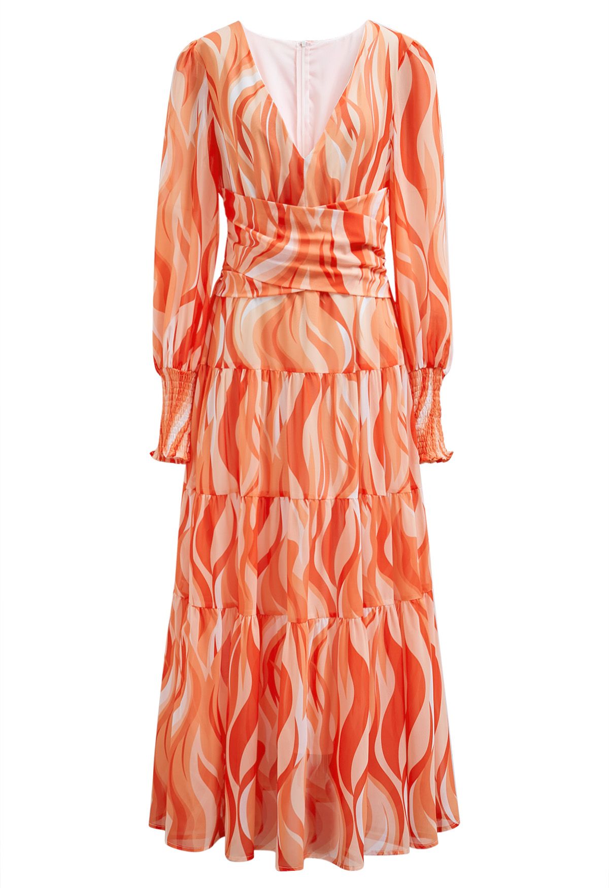 Orange Wave Crisscross Waist Chiffon Maxi Dress