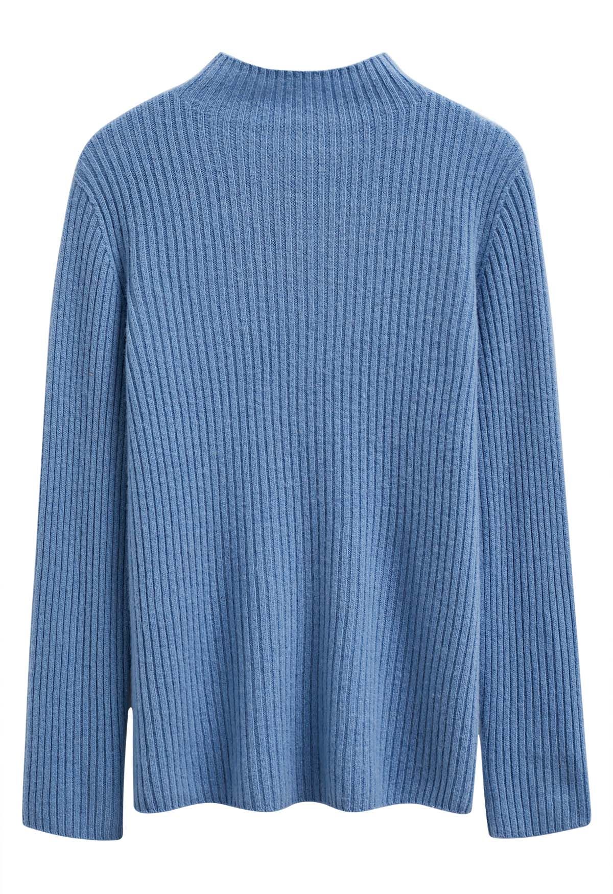 Elemental Mock Neck Long-Sleeve Wool Sweater in Blue