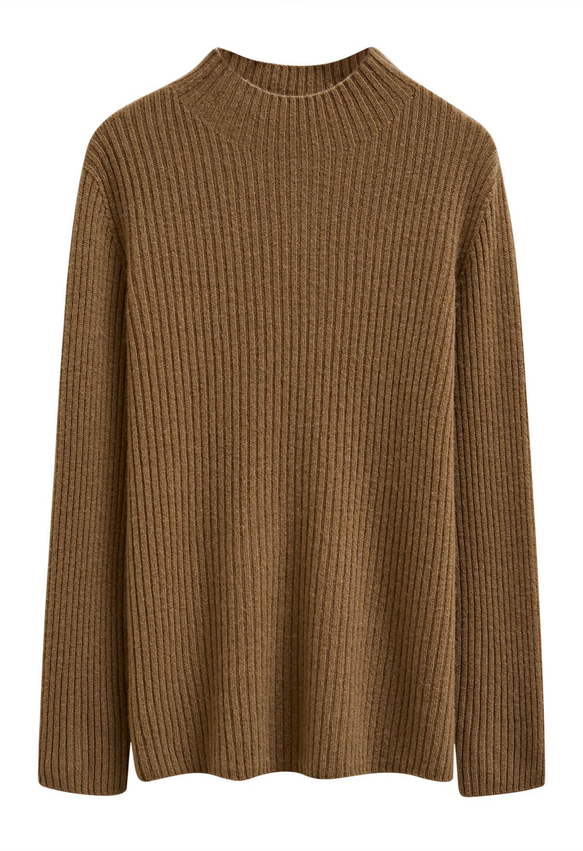 Elemental Mock Neck Long-Sleeve Wool Sweater in Brown