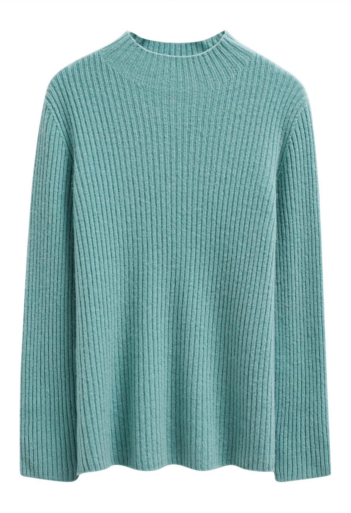 Elemental Mock Neck Long-Sleeve Wool Sweater in Teal